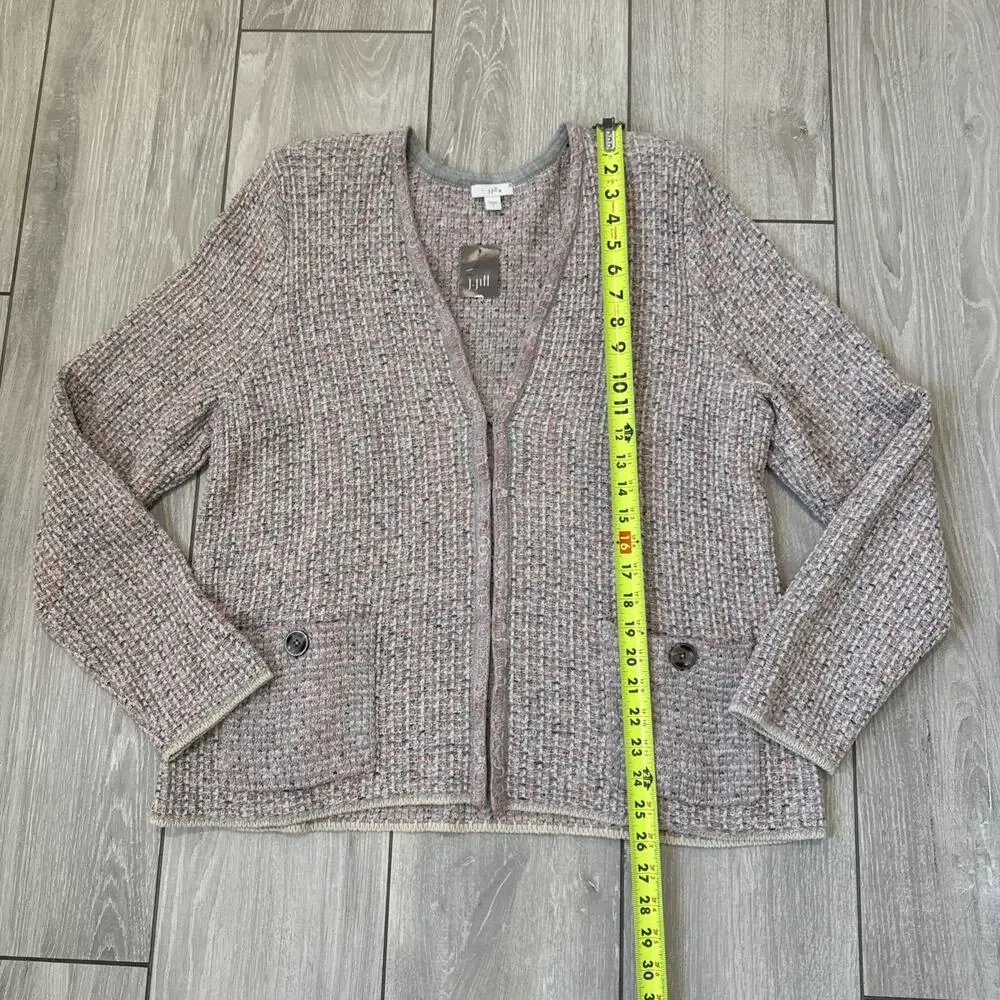 J Jill Sweater Cardigan Pink Gray Girly Spring Knit Pockets Size Large New